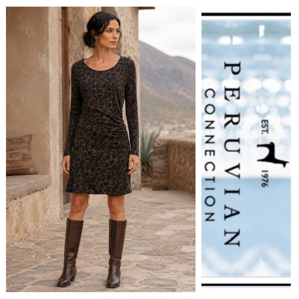 Peruvian Connection Brown Black Abstract Damask Floral Ruched Pencil Dress M